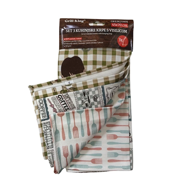 Grill King Kitchen 3u1 set pamučnih kuhinjskih krpa s visilicom