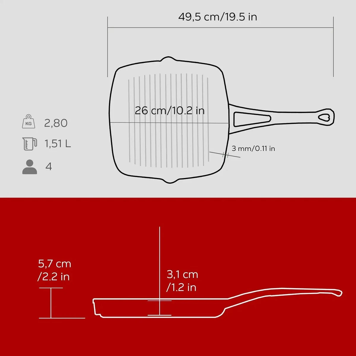 Lava četvrtasta rebrasta grill tava s odlijevnim kanalima - Image 5