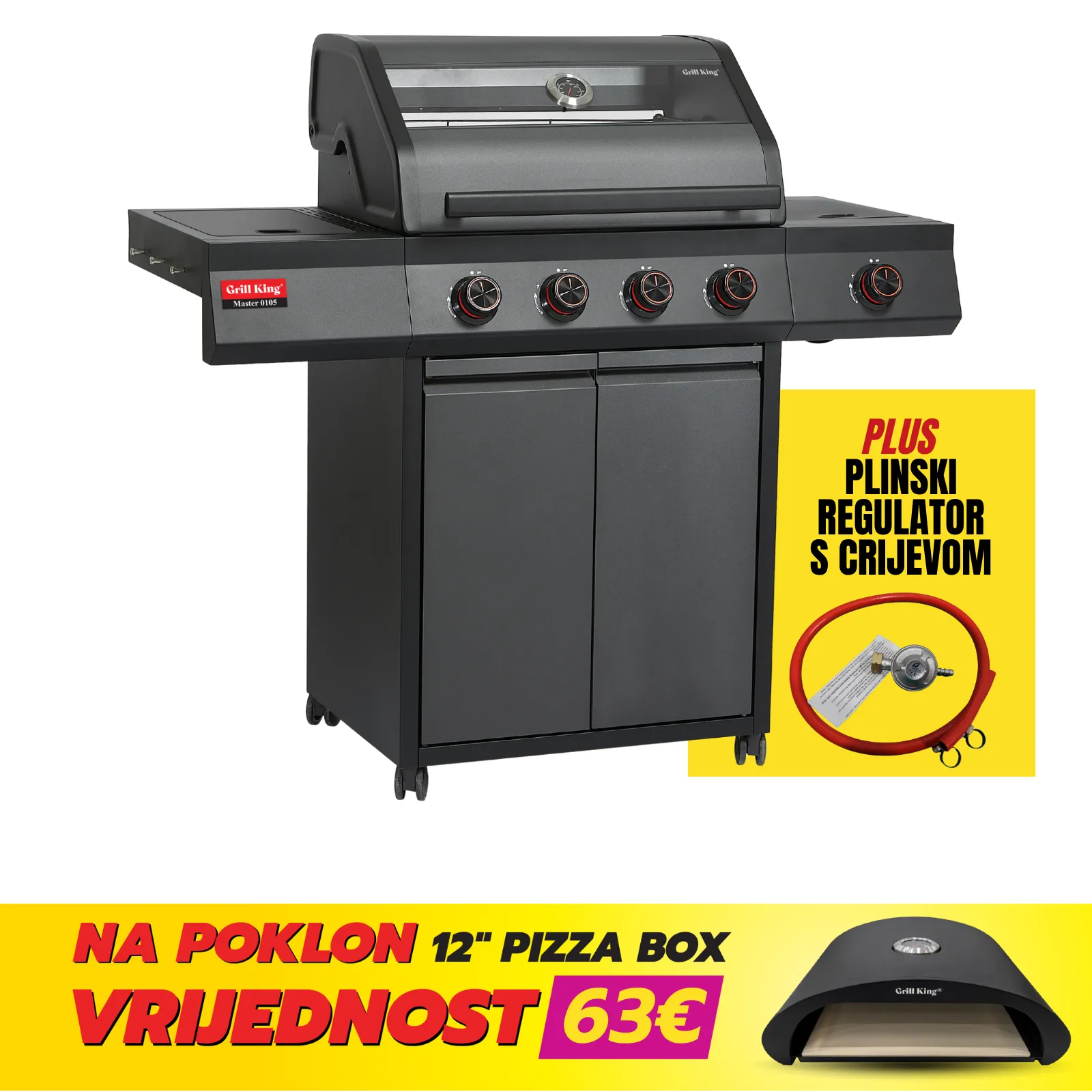 Grill King Master 0105 plinski roštilj s 5 plamenika, posudom za hranu i staklenim poklopcem + plinski regulator s crijevom + GRATIS pizza box